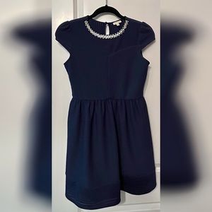 Monteau Girl Navy Dress Pearls Rhinestones Neckline Size XL Lined Stretchy